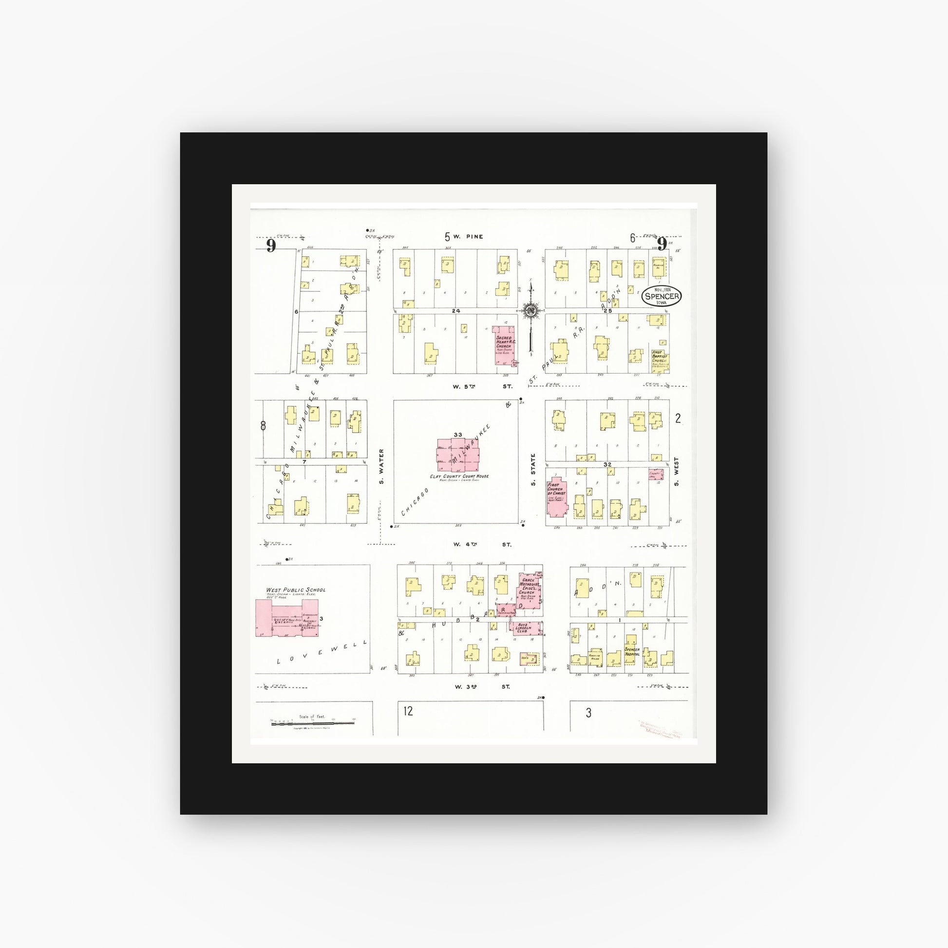 Old map wall art mockup — black gallery frame with white mat — Sanborn Fire Insurance Map from Spencer, Clay County, Iowa (1924), Sheet #0009