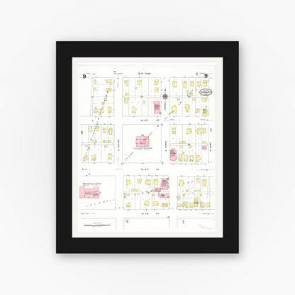 Old map wall art mockup — black gallery frame with white mat — Sanborn Fire Insurance Map from Spencer, Clay County, Iowa (1924), Sheet #0009