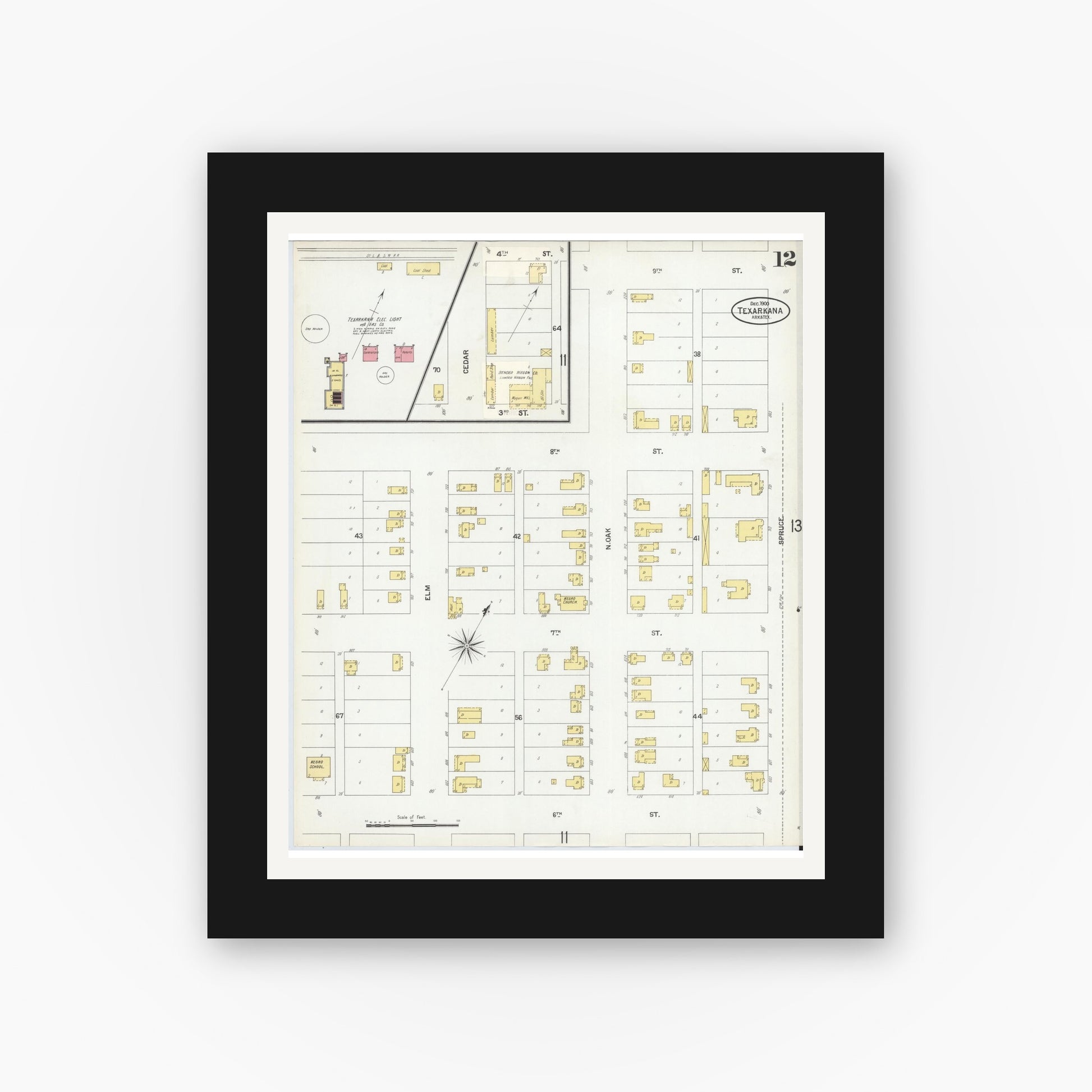 Old map wall art mockup — black gallery frame with white mat — Sanborn Fire Insurance Map from Texarkana, Bowie County, Texas (1900), Sheet #0012