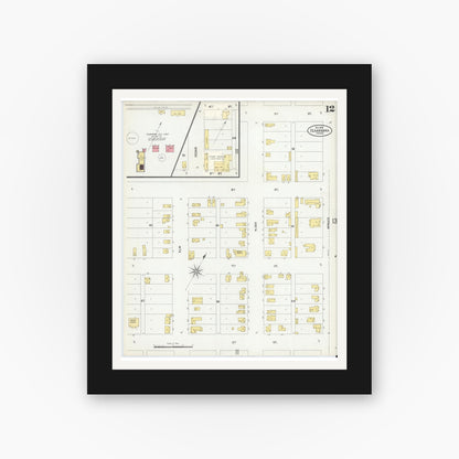 Old map wall art mockup — black gallery frame with white mat — Sanborn Fire Insurance Map from Texarkana, Bowie County, Texas (1900), Sheet #0012