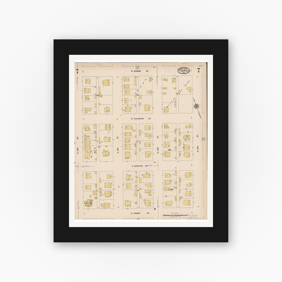 Old map wall art mockup — black gallery frame with white mat — Sanborn Fire Insurance Map from Temple, Bell County, Texas (1922), Sheet #0007