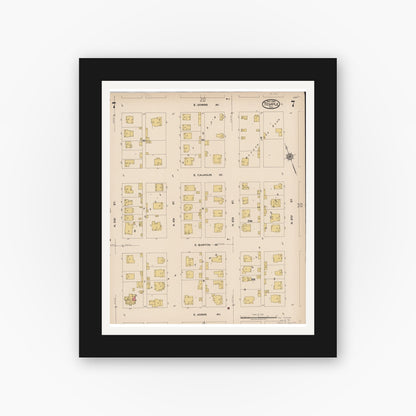 Old map wall art mockup — black gallery frame with white mat — Sanborn Fire Insurance Map from Temple, Bell County, Texas (1922), Sheet #0007