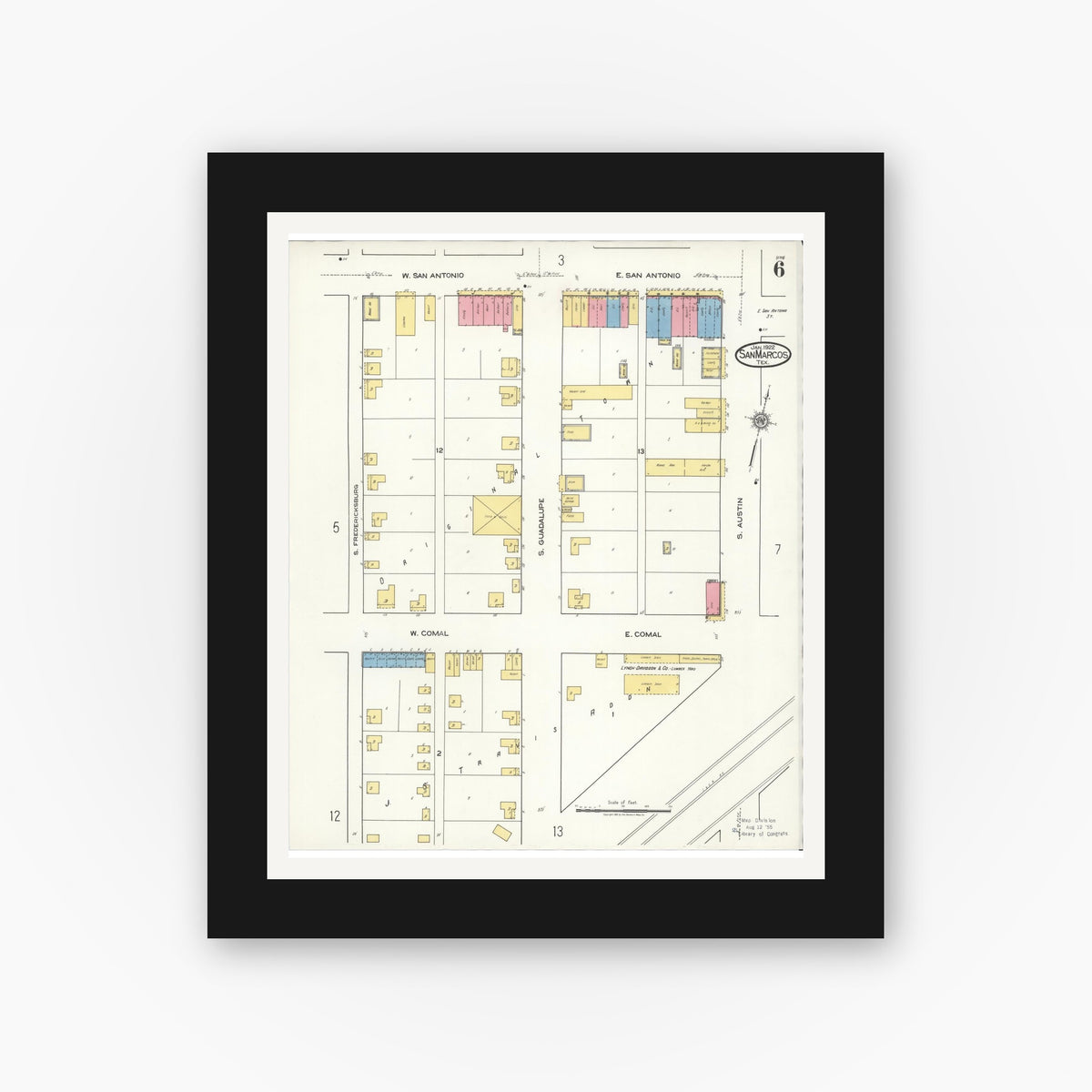 Old map wall art mockup — black gallery frame with white mat — Sanborn Fire Insurance Map from San Marcos, Hays County, Texas (1922), Sheet #0006