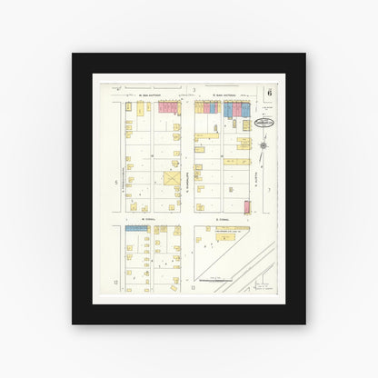 Old map wall art mockup — black gallery frame with white mat — Sanborn Fire Insurance Map from San Marcos, Hays County, Texas (1922), Sheet #0006