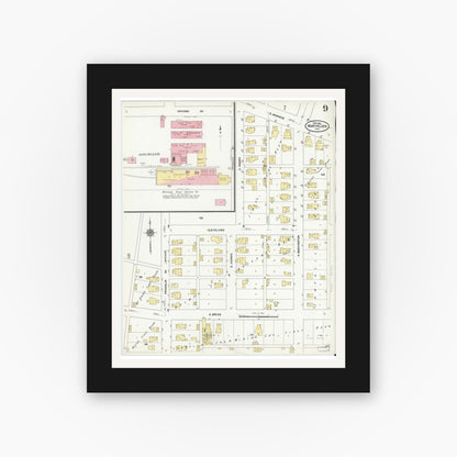 Old map wall art mockup — black gallery frame with white mat — Sanborn Fire Insurance Map from Montpelier, Blackford County, Indiana (1910), Sheet #0009