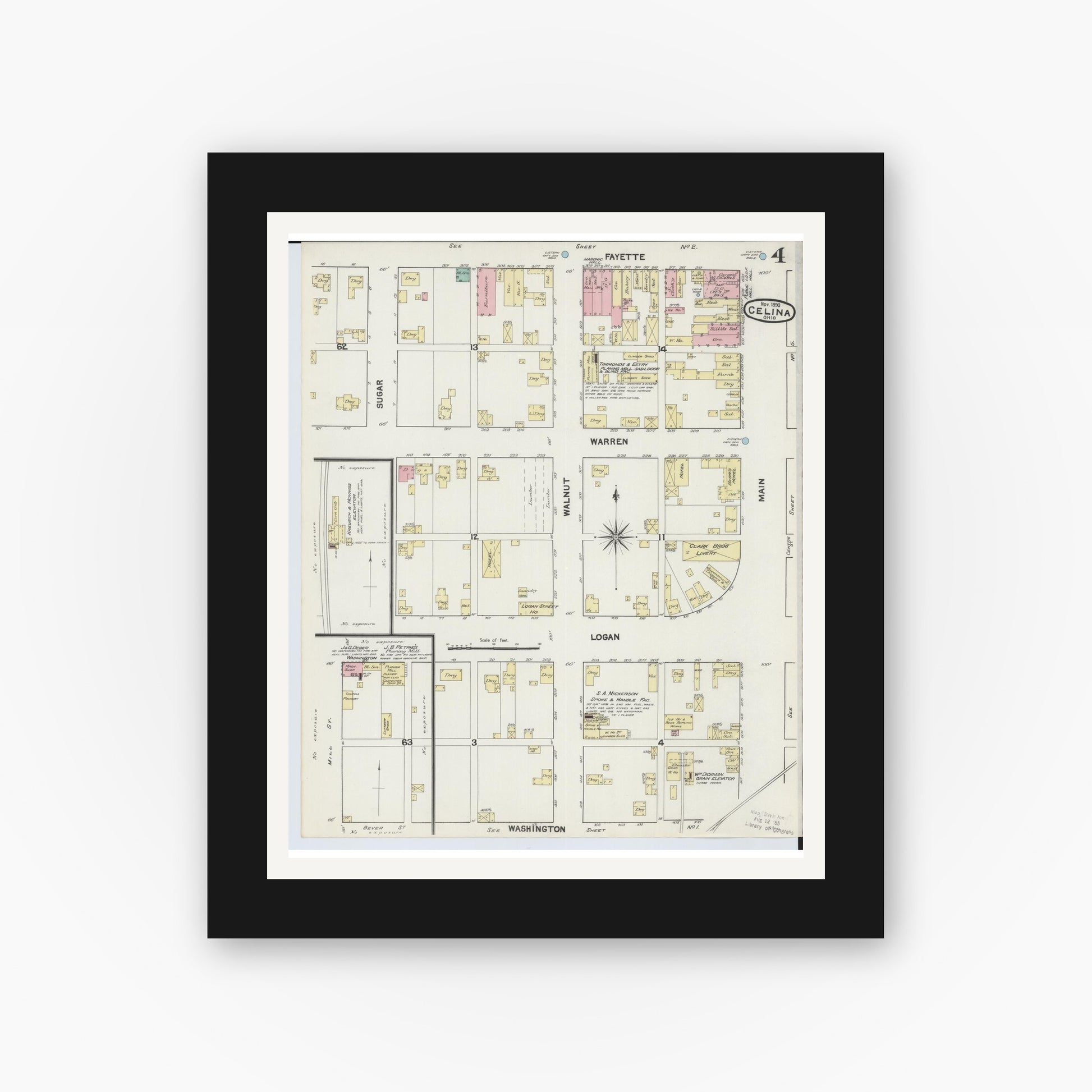 Old map wall art mockup — black gallery frame with white mat — Sanborn Fire Insurance Map from Celina, Mercer County, Ohio (1890), Sheet #0004