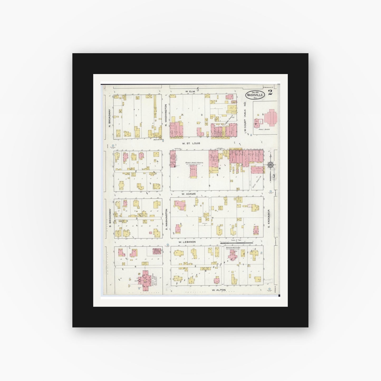 Old map wall art mockup — black gallery frame with white mat — Sanborn Fire Insurance Map from Nashville, Washington County, Illinois (1915), Sheet #0002