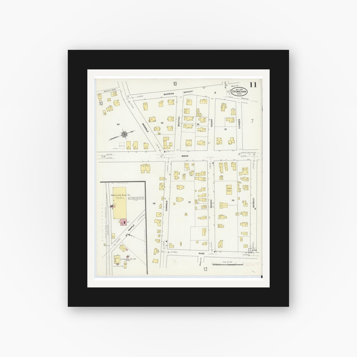 Old map wall art mockup — black gallery frame with white mat — Sanborn Fire Insurance Map from Stoneham, Middlesex County, Massachusetts (1909), Sheet #0011