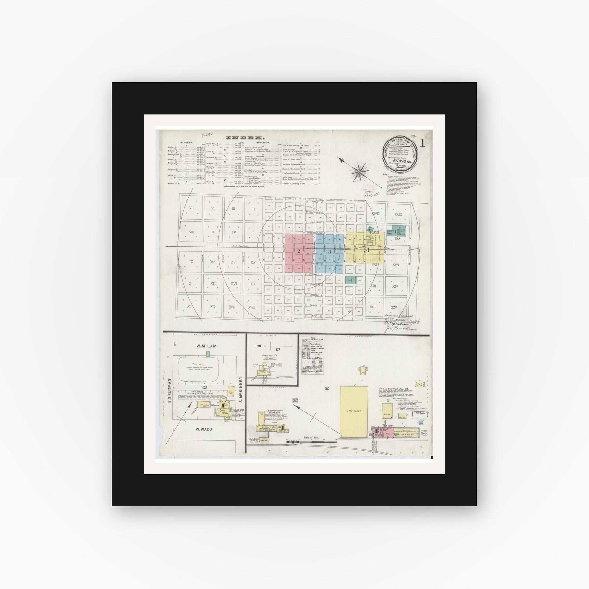 Old map wall art mockup — black gallery frame with white mat — Sanborn Fire Insurance Map from Ennis, Ellis County, Texas (1896), Sheet #0001