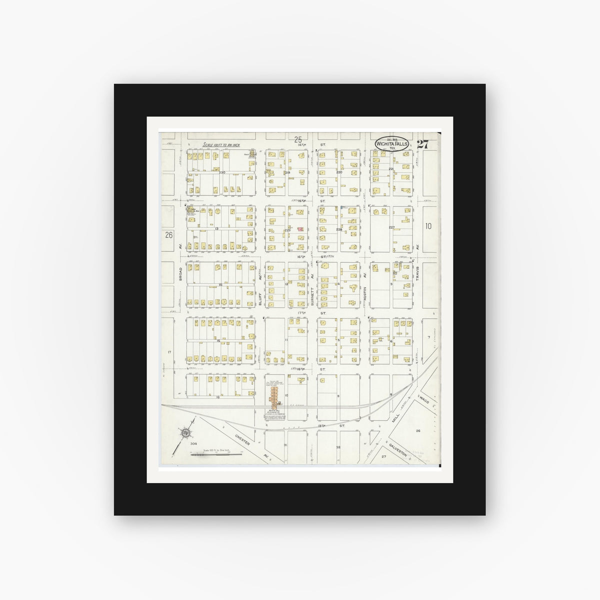 Old map wall art mockup — black gallery frame with white mat — Sanborn Fire Insurance Map from Wichita Falls, Wichita County, Texas (1915), Sheet #0027