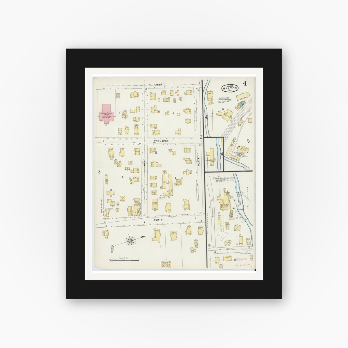 Old map wall art mockup — black gallery frame with white mat — Sanborn Fire Insurance Map from Walton, Delaware County, New York (1897), Sheet #0004