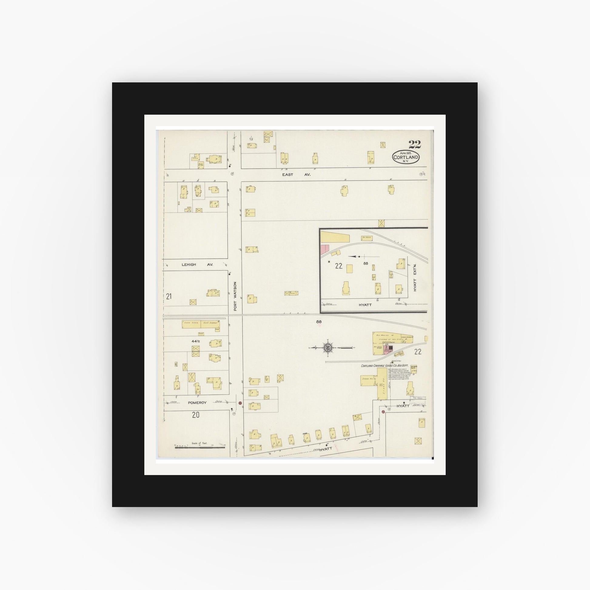 Old map wall art mockup — black gallery frame with white mat — Sanborn Fire Insurance Map from Cortland, Cortland County, New York (1915), Sheet #0022