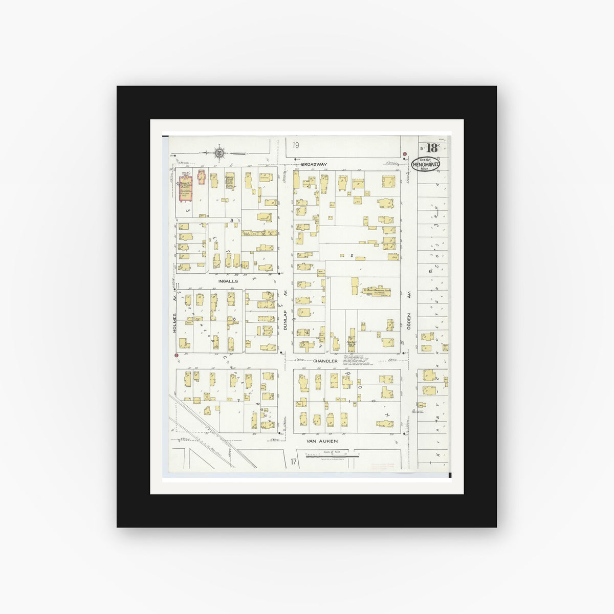 Old map wall art mockup — black gallery frame with white mat — Sanborn Fire Insurance Map from Menominee, Menominee County, Michigan (1921), Sheet #0018