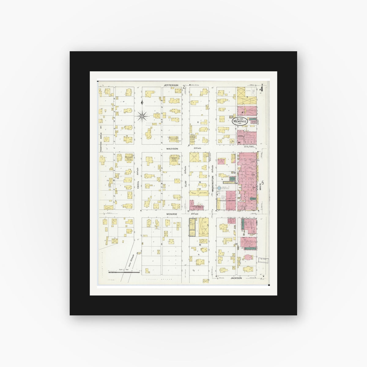 Old map wall art mockup — black gallery frame with white mat — Sanborn Fire Insurance Map from Memphis, Scotland County, Missouri (1909), Sheet #0004