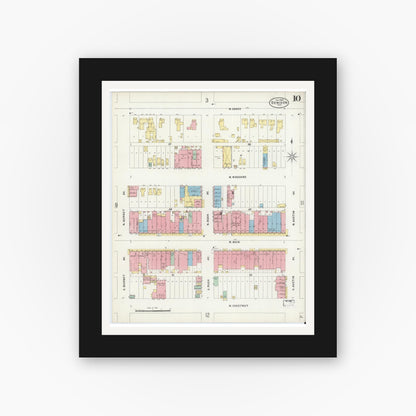 Old map wall art mockup — black gallery frame with white mat — Sanborn Fire Insurance Map from Denison, Grayson County, Texas (1897), Sheet #0010