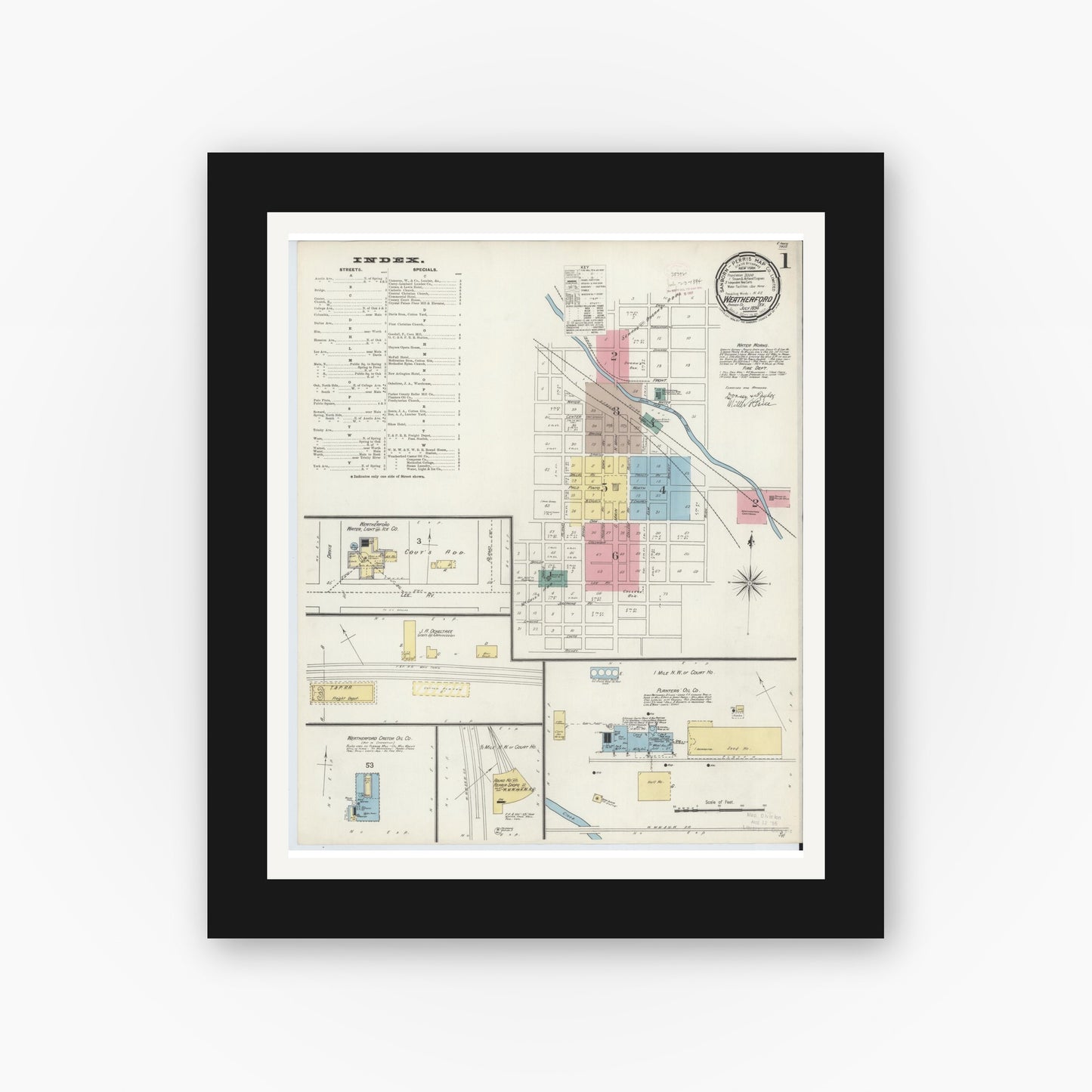 Old map wall art mockup — black gallery frame with white mat — Sanborn Fire Insurance Map from Weatherford, Parker County, Texas (1894), Sheet #0001