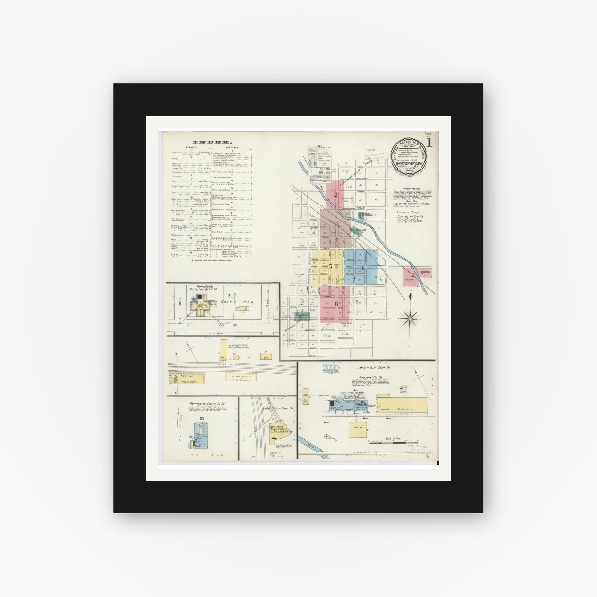 Old map wall art mockup — black gallery frame with white mat — Sanborn Fire Insurance Map from Weatherford, Parker County, Texas (1894), Sheet #0001