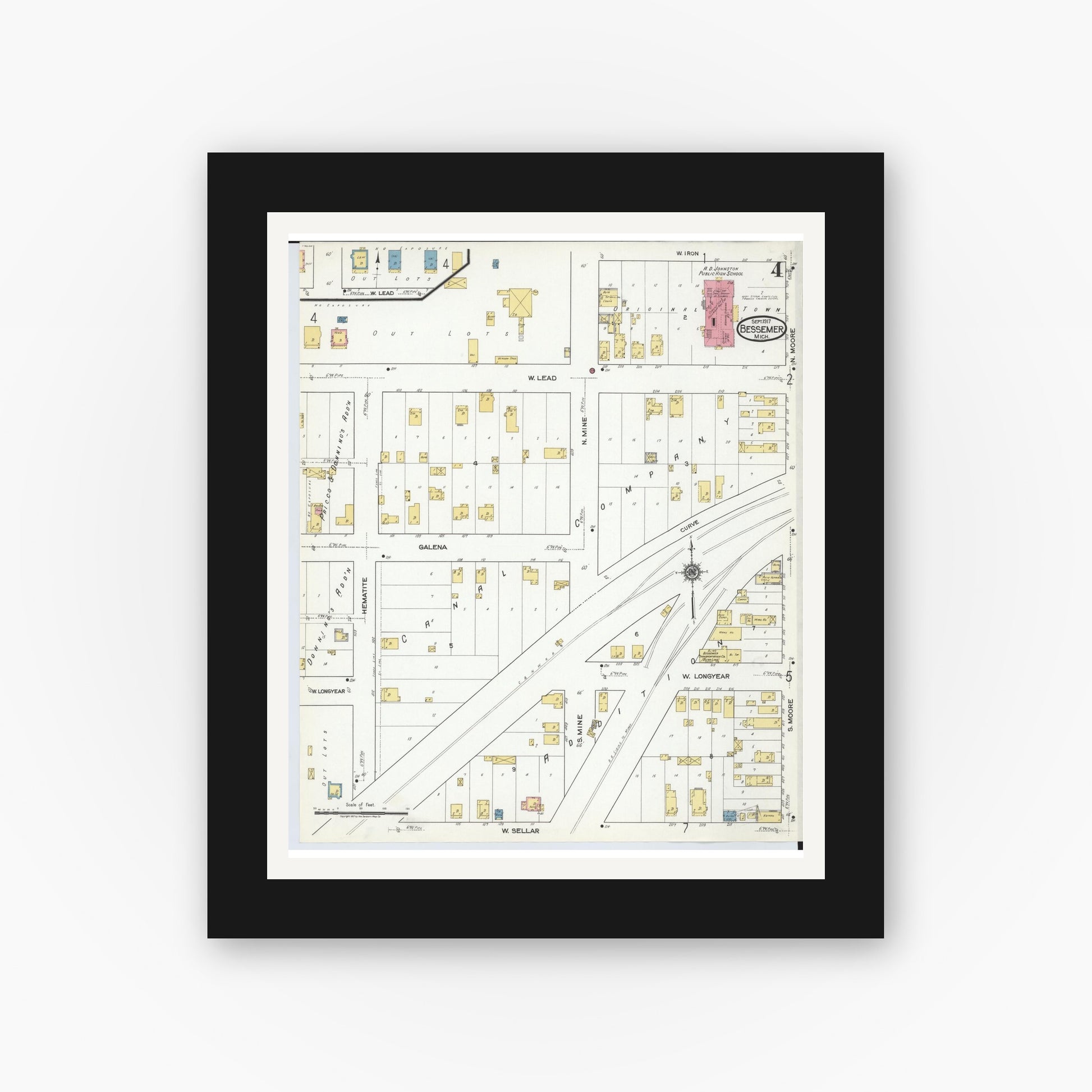 Old map wall art mockup — black gallery frame with white mat — Sanborn Fire Insurance Map from Bessemer, Gogebic County, Michigan (1917), Sheet #0004