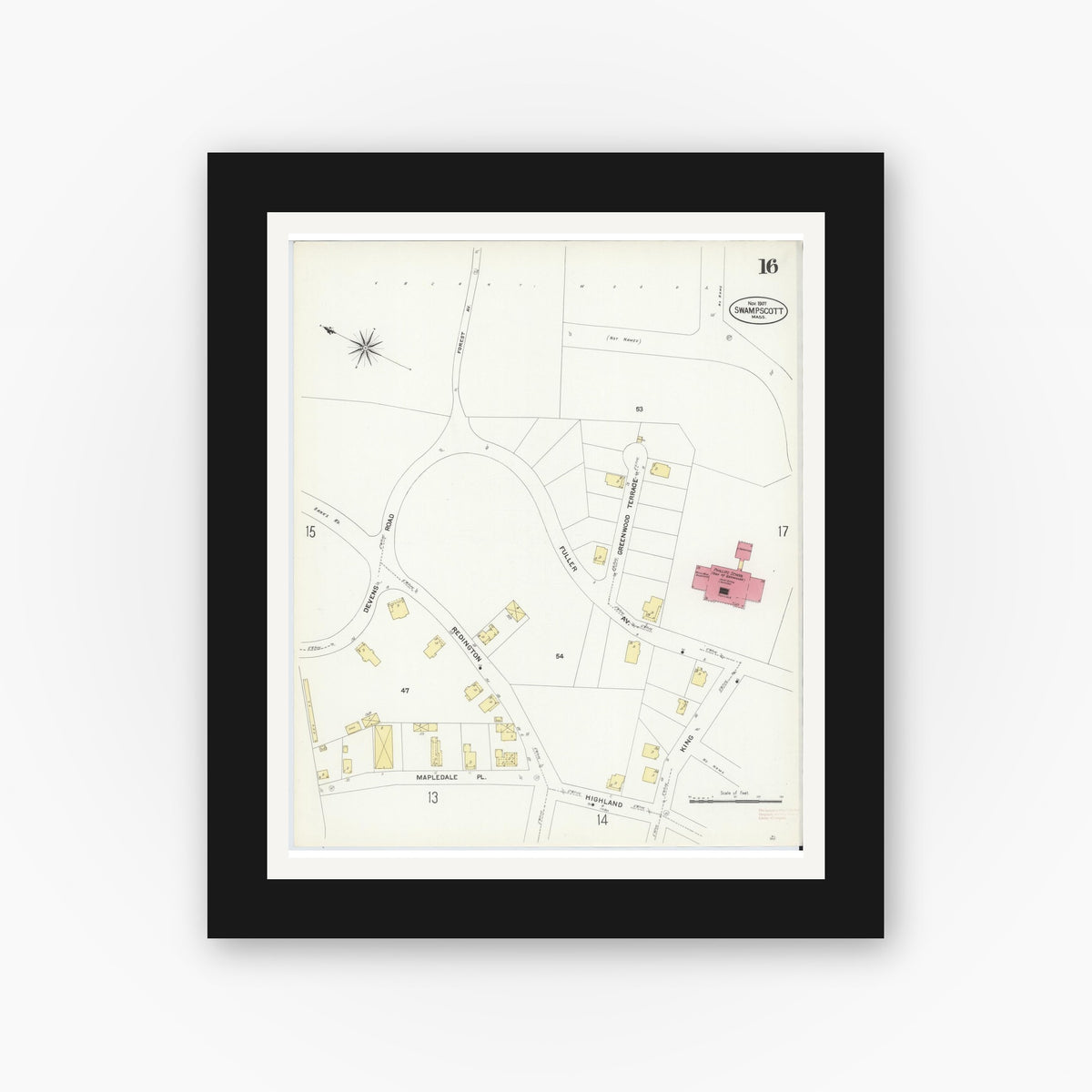 Old map wall art mockup — black gallery frame with white mat — Sanborn Fire Insurance Map from Swampscott, Essex County, Massachusetts (1907), Sheet #0016