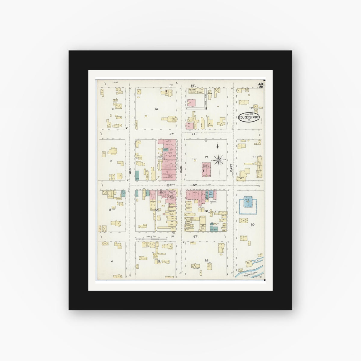 Old map wall art mockup — black gallery frame with white mat — Sanborn Fire Insurance Map from Coudersport, Potter County, Pennsylvania (1891), Sheet #0002