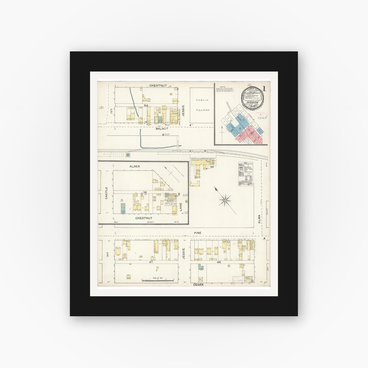 Old map wall art mockup — black gallery frame with white mat — Sanborn Fire Insurance Map from Sisson, Siskiyou County, California (1892) - Complete Map Set