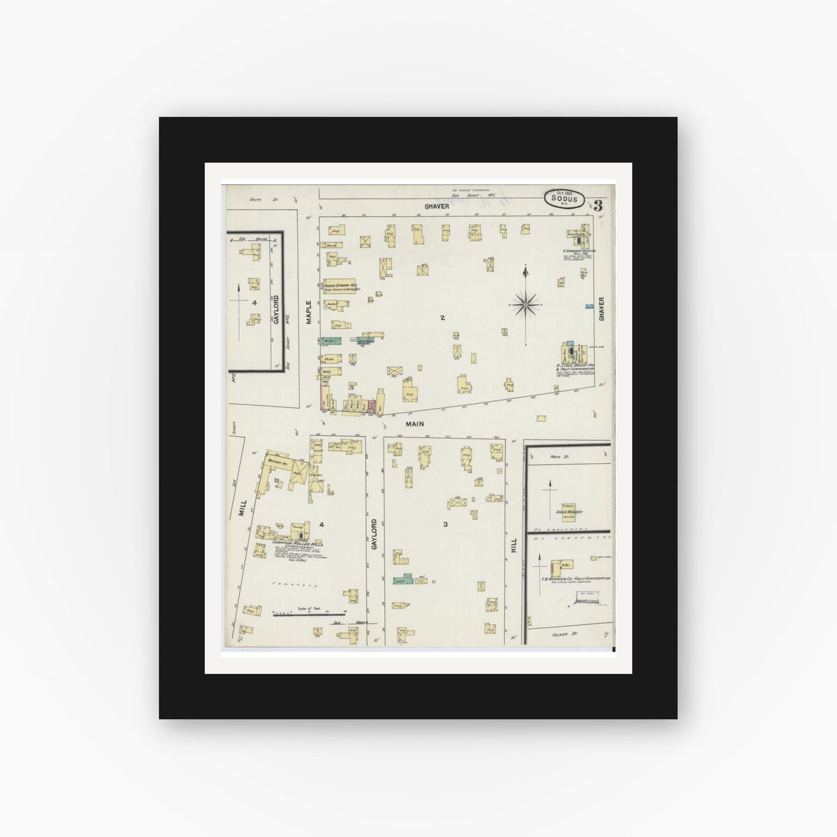 Old map wall art mockup — black gallery frame with white mat — Sanborn Fire Insurance Map from Sodus, Wayne County, New York (1889), Sheet #0003