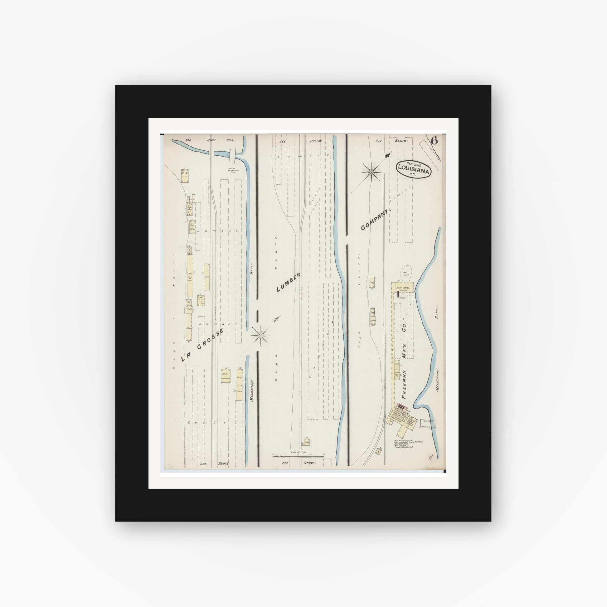 Old map wall art mockup — black gallery frame with white mat — Sanborn Fire Insurance Map from Louisiana, Pike County, Missouri (1885), Sheet #0006