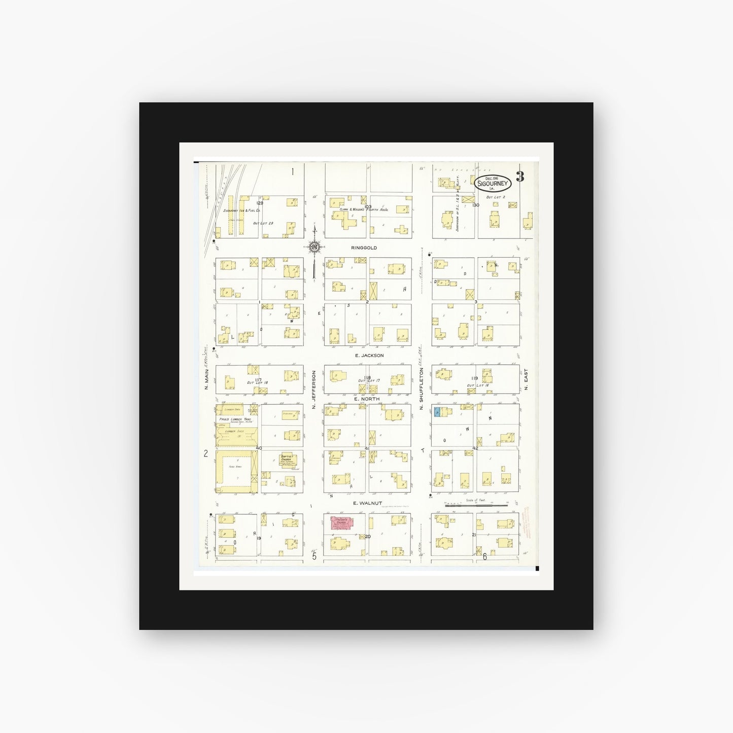 Old map wall art mockup — black gallery frame with white mat — Sanborn Fire Insurance Map from Sigourney, Kiokuk County, Iowa (1916), Sheet #0003