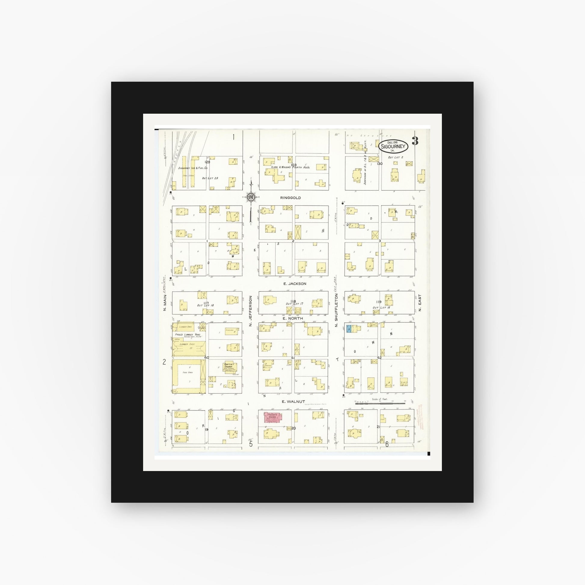 Old map wall art mockup — black gallery frame with white mat — Sanborn Fire Insurance Map from Sigourney, Kiokuk County, Iowa (1916), Sheet #0003