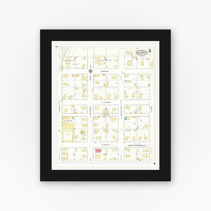 Old map wall art mockup — black gallery frame with white mat — Sanborn Fire Insurance Map from Sigourney, Kiokuk County, Iowa (1916), Sheet #0003