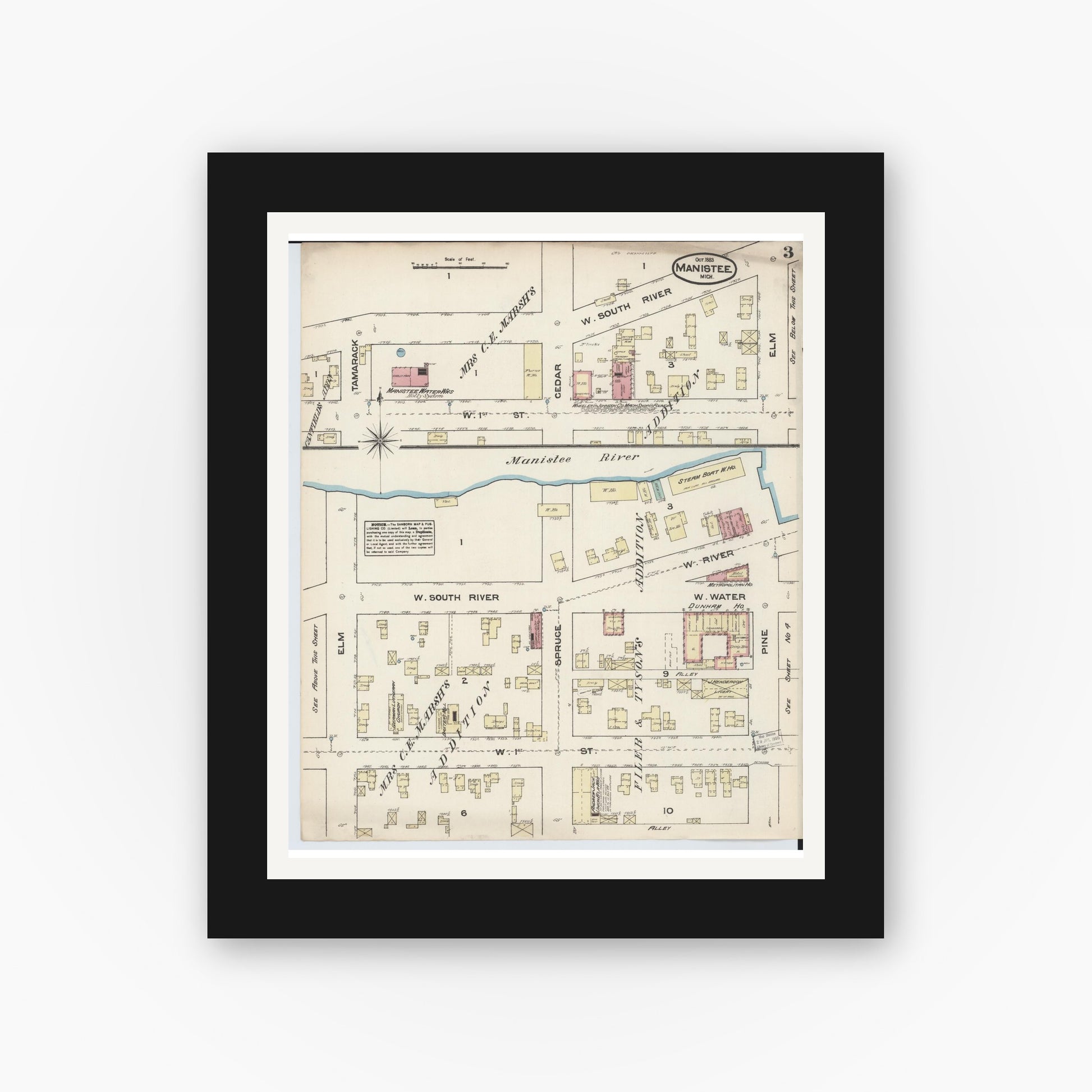Old map wall art mockup — black gallery frame with white mat — Sanborn Fire Insurance Map from Manistee, Manistee County, Michigan (1883), Sheet #0003