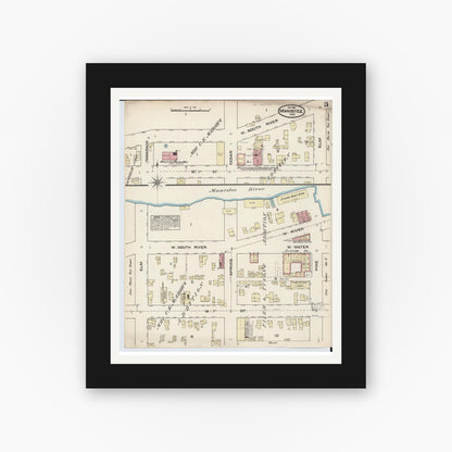 Old map wall art mockup — black gallery frame with white mat — Sanborn Fire Insurance Map from Manistee, Manistee County, Michigan (1883), Sheet #0003