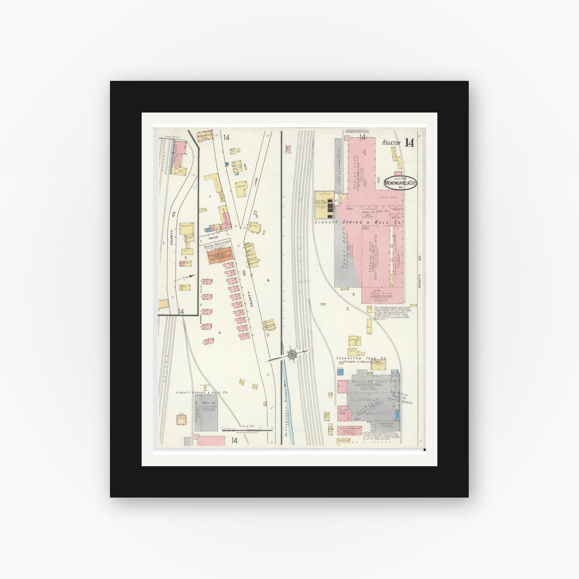 Old map wall art mockup — black gallery frame with white mat — Sanborn Fire Insurance Map from Monongahela City, Washington County, Pennsylvania (1918), Sheet #0014