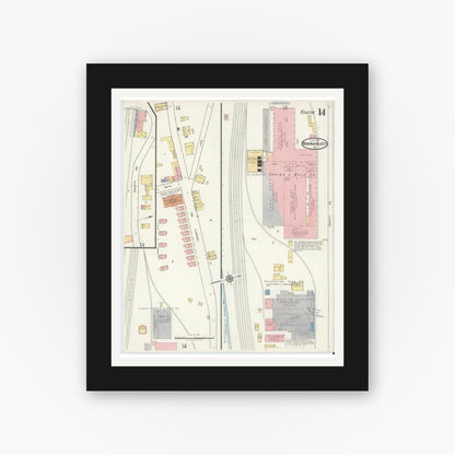 Old map wall art mockup — black gallery frame with white mat — Sanborn Fire Insurance Map from Monongahela City, Washington County, Pennsylvania (1918), Sheet #0014