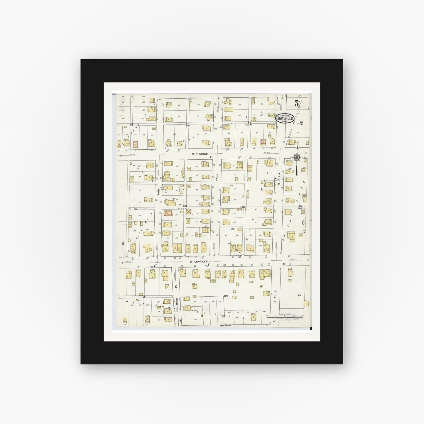 Old map wall art mockup — black gallery frame with white mat — Sanborn Fire Insurance Map from Orrville, Wayne County, Ohio (1920), Sheet #0005