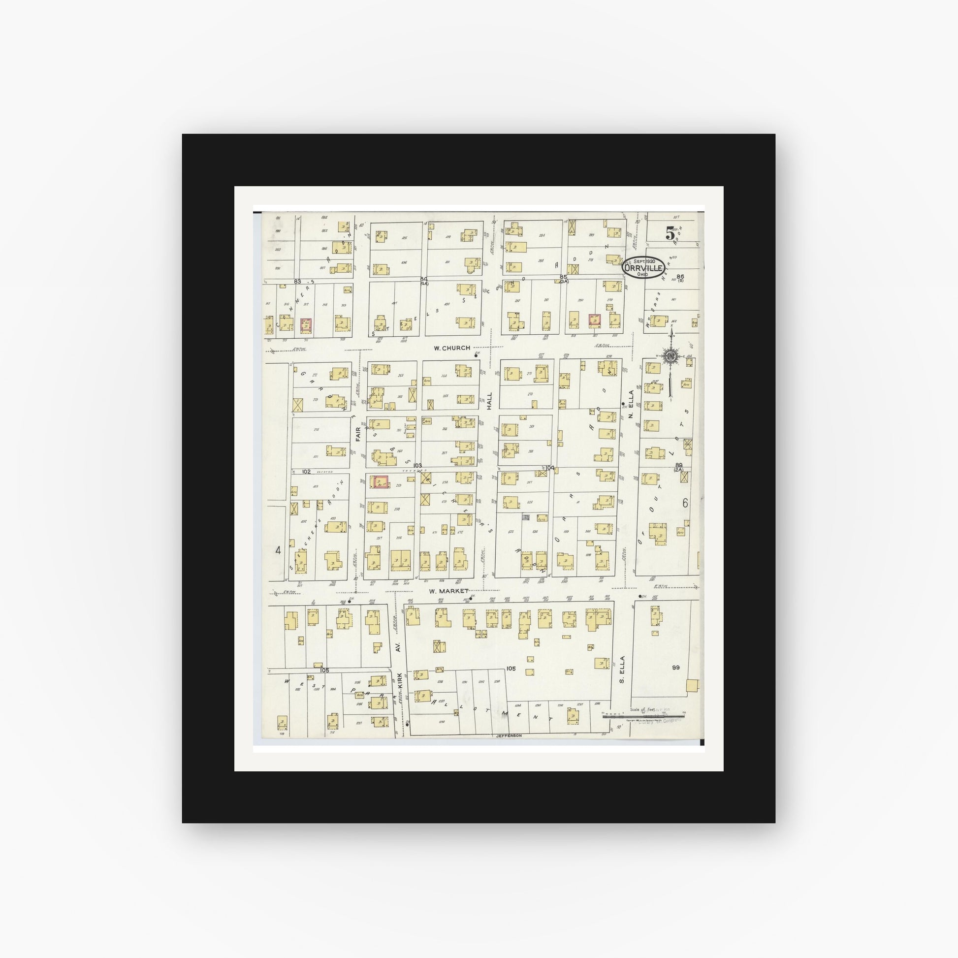 Old map wall art mockup — black gallery frame with white mat — Sanborn Fire Insurance Map from Orrville, Wayne County, Ohio (1920), Sheet #0005