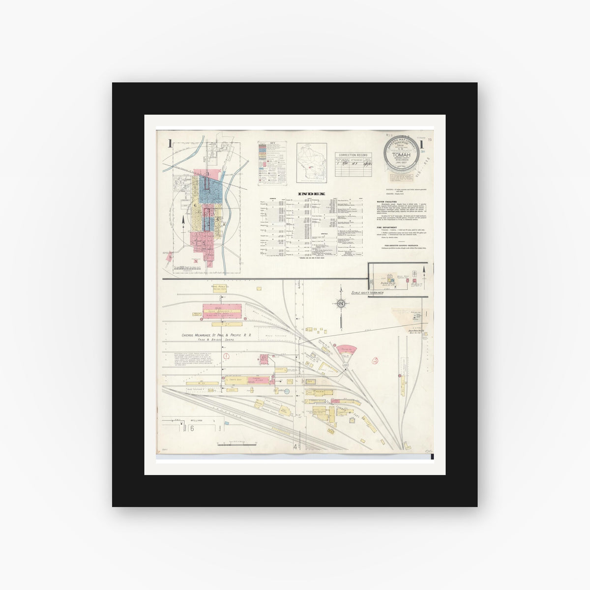 Old map wall art mockup — black gallery frame with white mat — Sanborn Fire Insurance Map from Tomah, Monroe County, Wisconsin (1944) - Complete Map Set