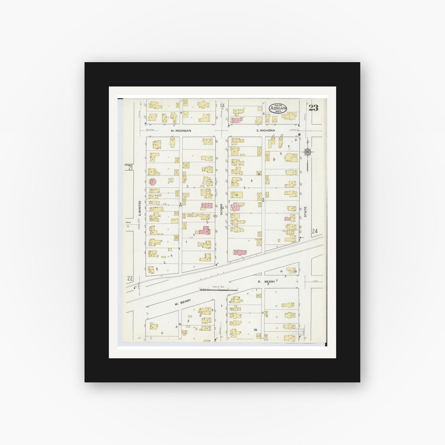 Old map wall art mockup — black gallery frame with white mat — Sanborn Fire Insurance Map from Adrian, Lenawee County, Michigan (1916), Sheet #0023