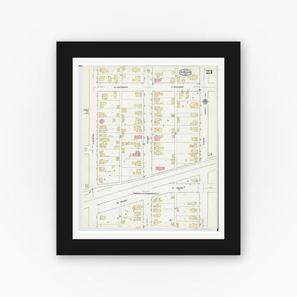 Old map wall art mockup — black gallery frame with white mat — Sanborn Fire Insurance Map from Adrian, Lenawee County, Michigan (1916), Sheet #0023