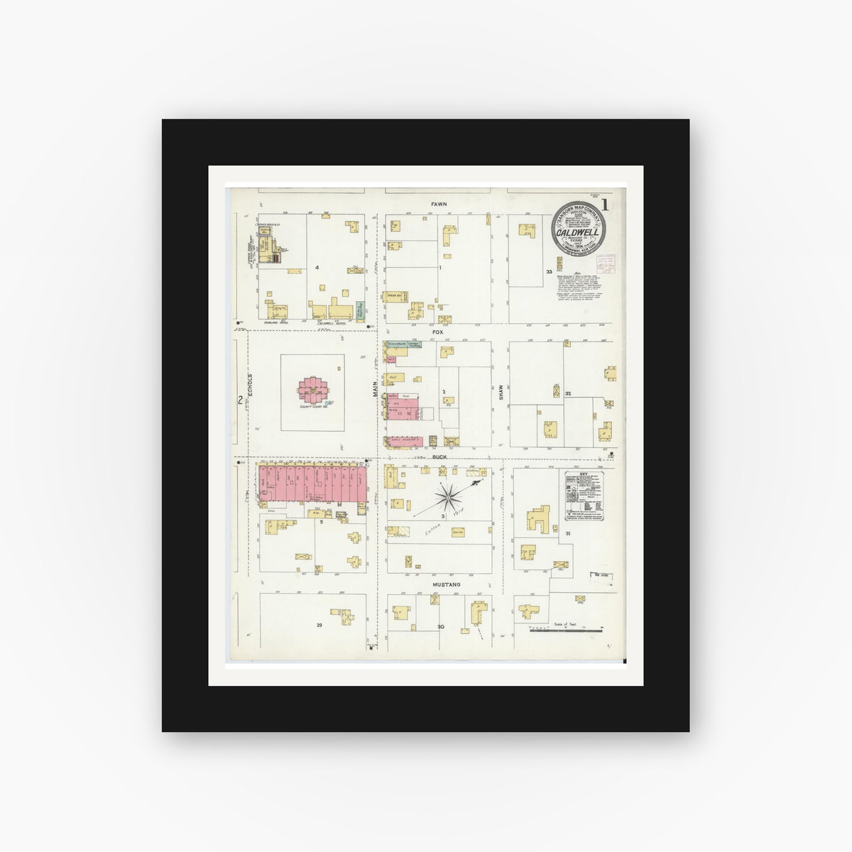 Old map wall art mockup — black gallery frame with white mat — Sanborn Fire Insurance Map from Caldwell, Burleson County, Texas (1906) - Complete Map Set