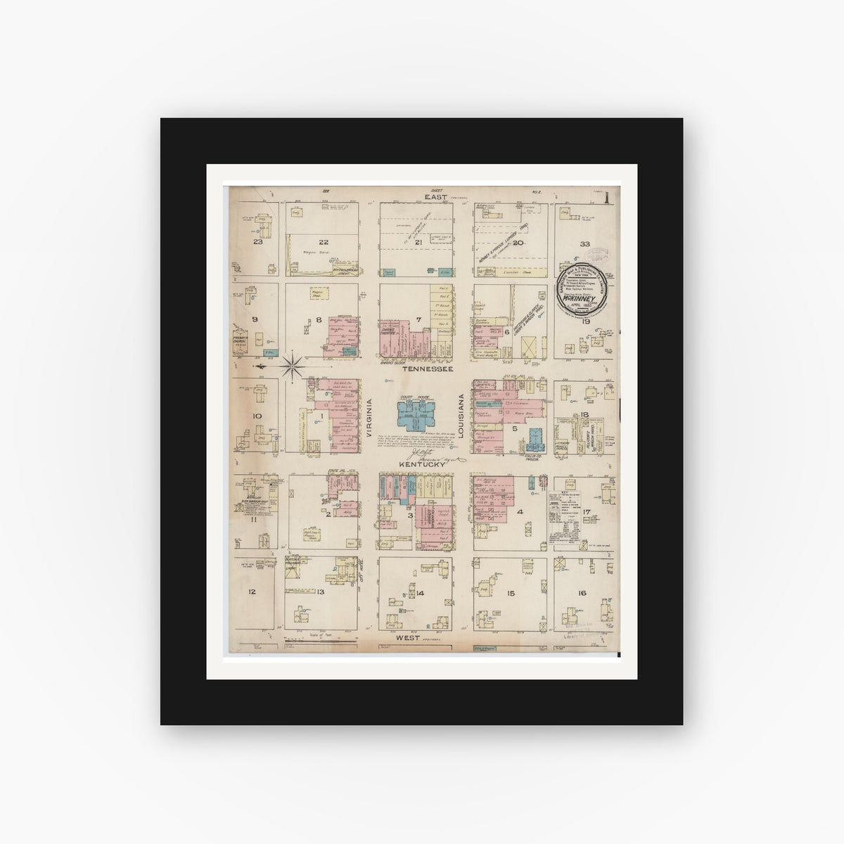 Old map wall art mockup — black gallery frame with white mat — Sanborn Fire Insurance Map from McKinney, Collin County, Texas (1885), Sheet #0001