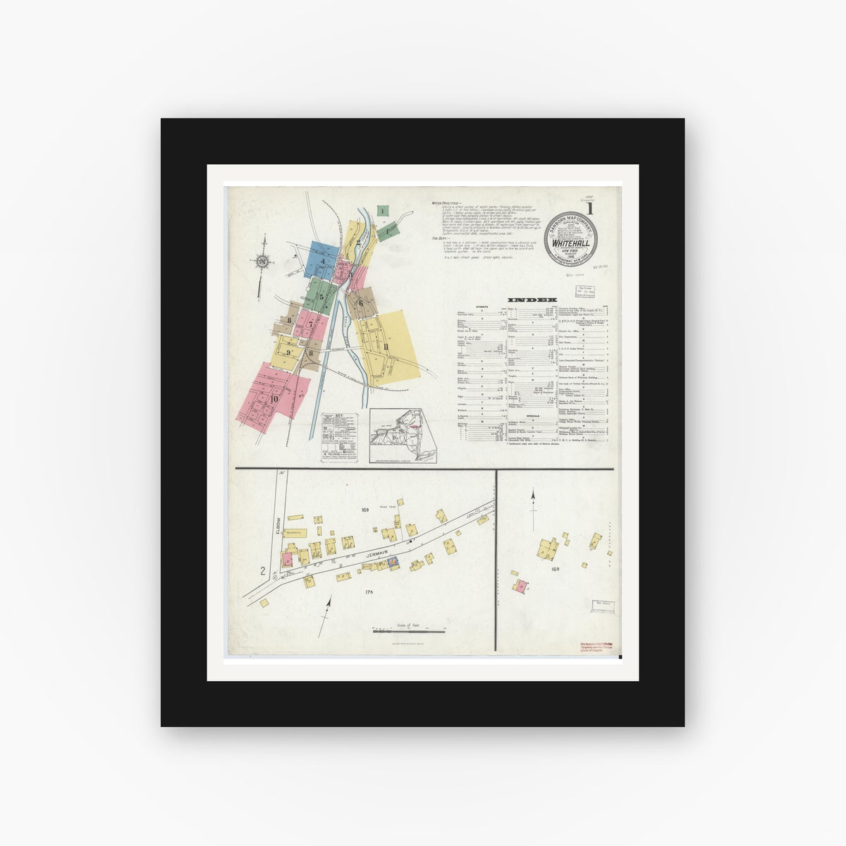 Old map wall art mockup — black gallery frame with white mat — Sanborn Fire Insurance Map from Whitehall, Washington County, New York (1916), Sheet #0001
