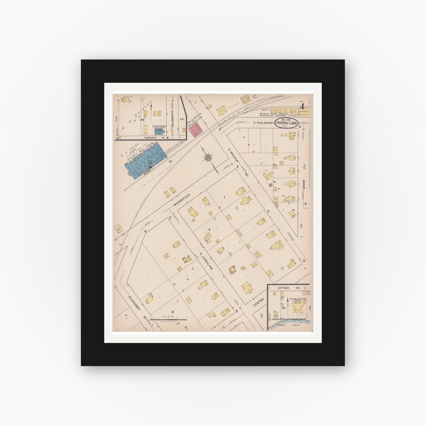 Old map wall art mockup — black gallery frame with white mat — Sanborn Fire Insurance Map from Crystal Lake, McHenry County, Illinois (1921), Sheet #0004