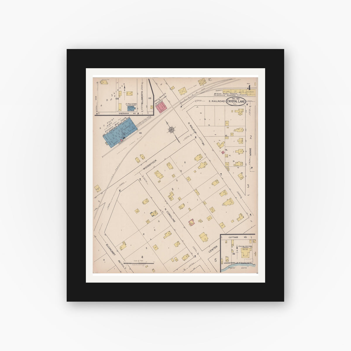 Old map wall art mockup — black gallery frame with white mat — Sanborn Fire Insurance Map from Crystal Lake, McHenry County, Illinois (1921), Sheet #0004