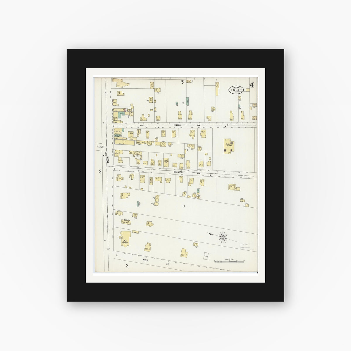 Old map wall art mockup — black gallery frame with white mat — Sanborn Fire Insurance Map from Islip, Suffolk County, New York (1897), Sheet #0004