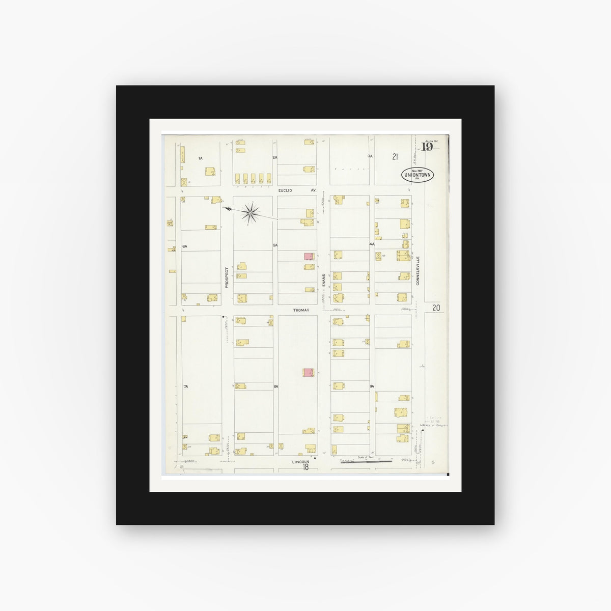 Old map wall art mockup — black gallery frame with white mat — Sanborn Fire Insurance Map from Uniontown, Fayette County, Pennsylvania (1907), Sheet #0019