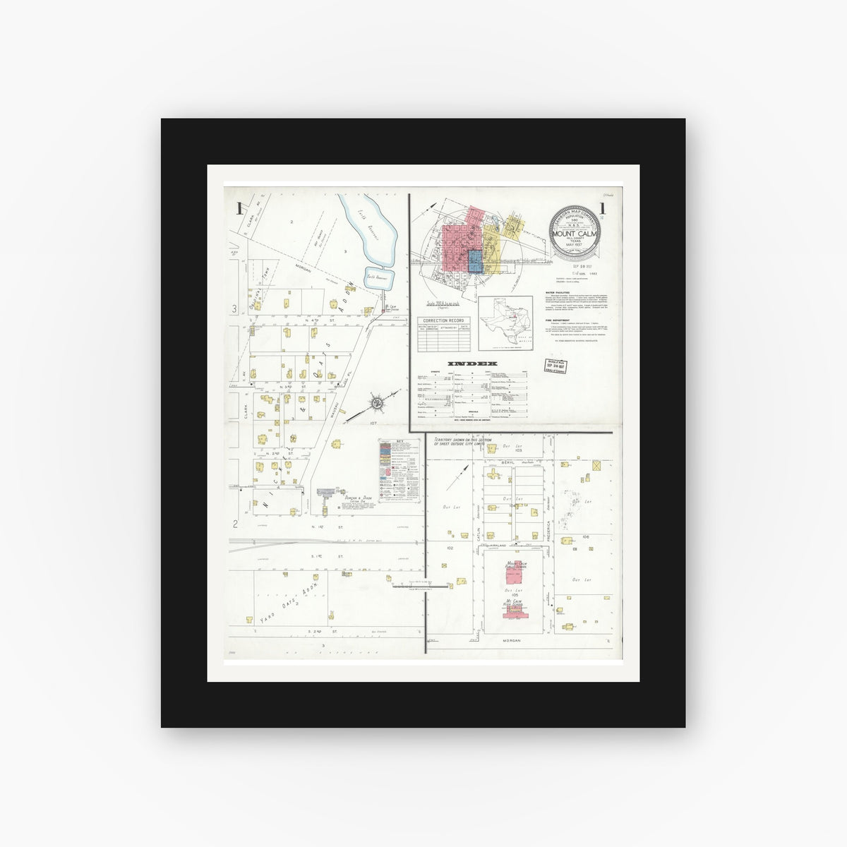 Old map wall art mockup — black gallery frame with white mat — Sanborn Fire Insurance Map from Mount Calm, Hill County, Texas (1937), Sheet #0001