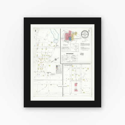 Old map wall art mockup — black gallery frame with white mat — Sanborn Fire Insurance Map from Mount Calm, Hill County, Texas (1937), Sheet #0001