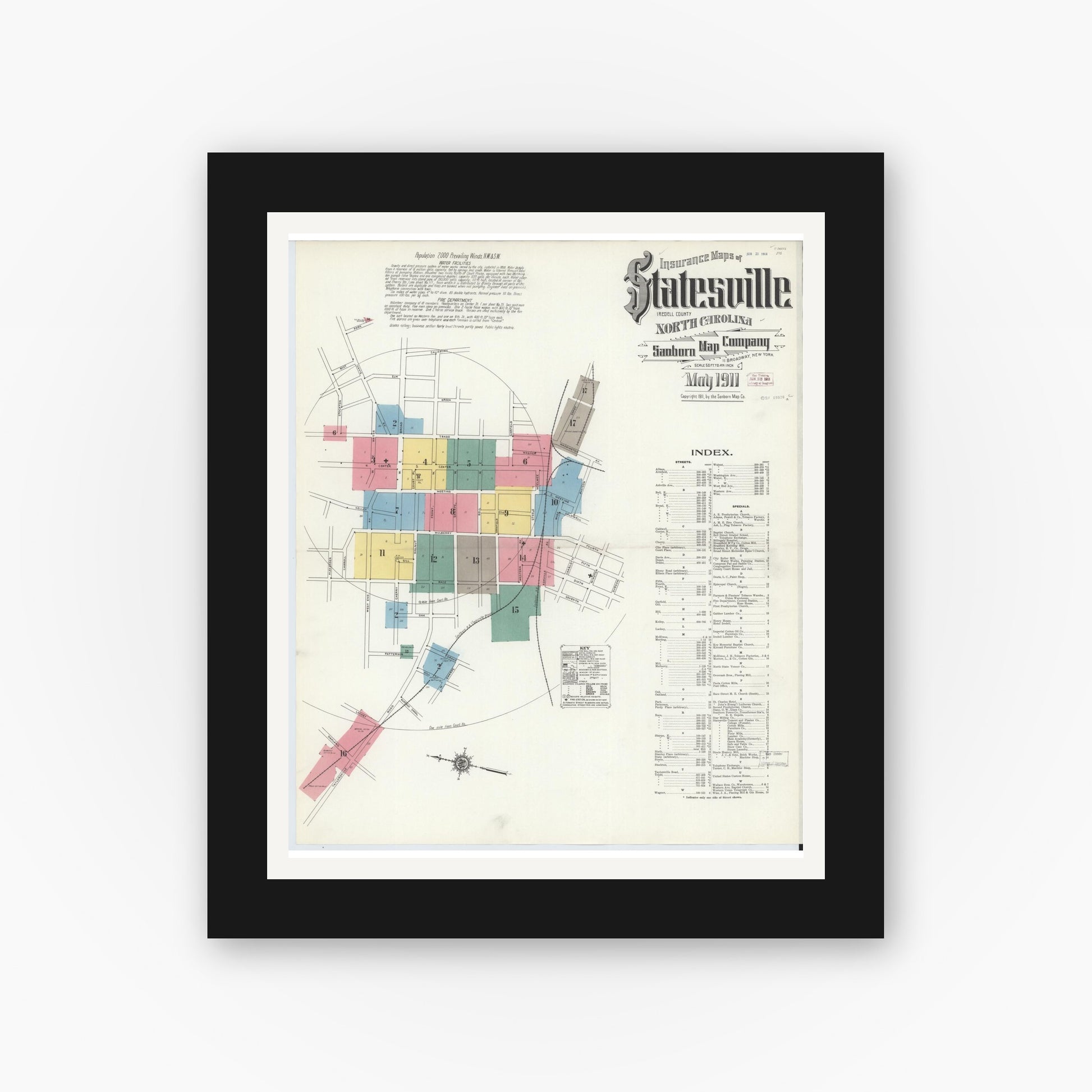 Old map wall art mockup — black gallery frame with white mat — Sanborn Fire Insurance Map from Statesville, Iredell County, North Carolina (1911) - Complete Map Set