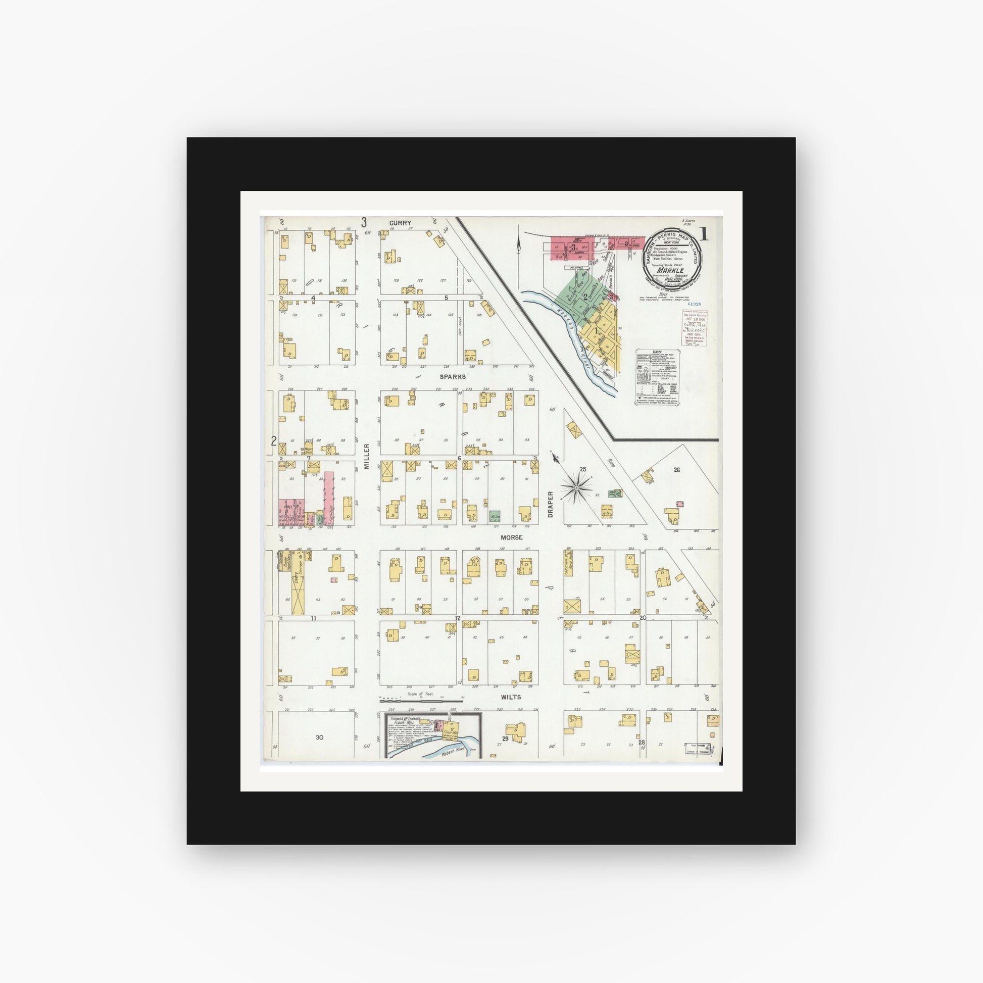 Old map wall art mockup — black gallery frame with white mat — Sanborn Fire Insurance Map from Markle, Huntington County, Indiana (1900), Sheet #0001